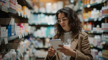 Beautiful woman in coat looking at mobile phone while choosing medicine in pharmacyの素材