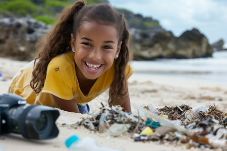 Portrait of a young african american woman collecting rubbish on the beachの素材