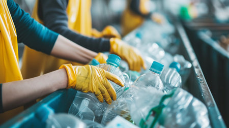 Close-up of a group of volunteers sorting plastic waste in a recycling plantの素材
