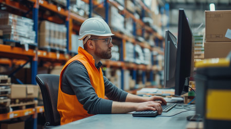 Warehouse worker using computer in warehouse. This is a freight transportation and distribution warehouse. Industrial and industrial workers conceptの素材