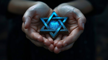 Hands holding the Star of David, symbol of the Jewish religion.の素材