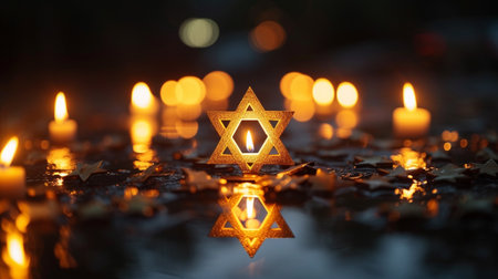 Star of David with candles on a dark background. Shallow depth of fieldの素材
