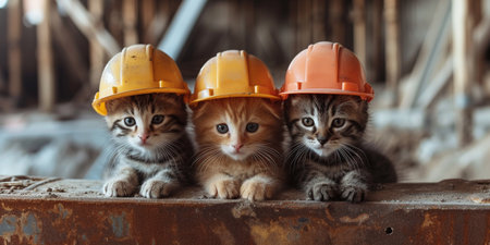 Group of cute little kittens in orange hard hat on rusty metal backgroundの素材