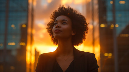 Portrait of young african american businesswoman in city at sunsetの素材