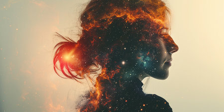 Beautiful woman face with glowing nebula and stars. 3D renderingの素材