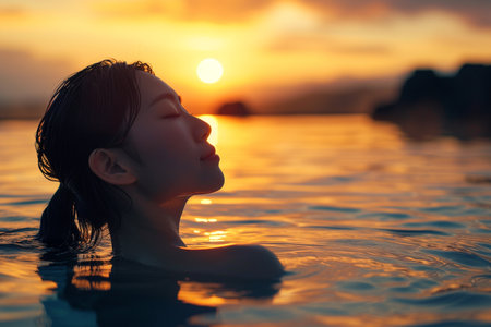 Portrait of beautiful asian woman relaxing in swimming pool at sunsetの素材
