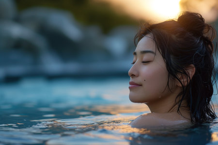 Portrait of beautiful young asian woman relaxing in swimming pool at sunsetの素材