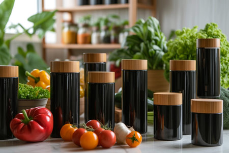 Composition with bottles of vegetable oil on table in kitchen, closeupの素材