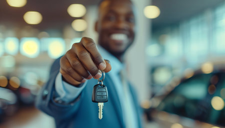 Smiling african-american man showing keys to new carの素材