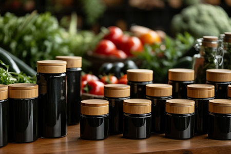 Bottles with fresh vegetable oil on table in kitchen, closeupの素材