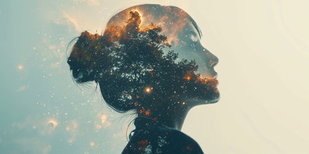 Double exposure of woman face and universe with stars and nebula.の素材