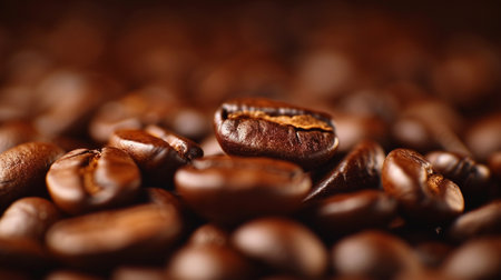 Coffee beans close-up on a dark brown background.の素材
