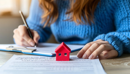 Close-up of woman signing contract with house model. Concept of buying or selling real estate.の素材