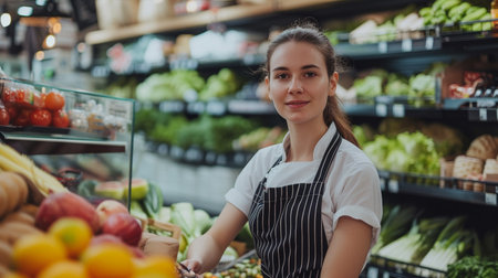 Portrait of beautiful young woman in apron standing in grocery storeの素材