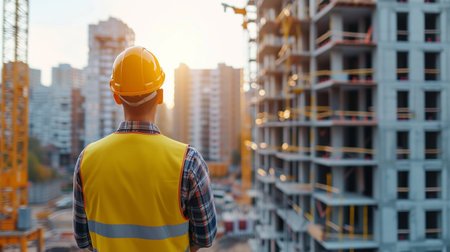 Rear view of engineer in hardhat looking at construction site with copy spaceの素材