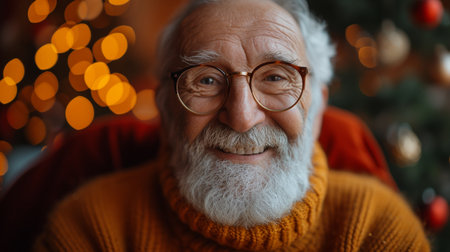 Portrait of smiling senior man with eyeglasses on Christmas eveの素材