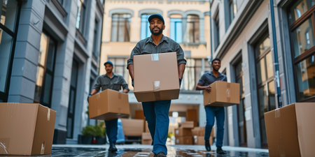 african american delivery man with boxes walking on street in cityの素材