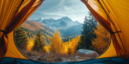 Camping in the autumn mountains. View from inside the tent.の素材