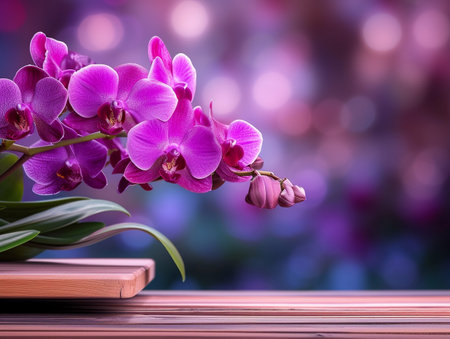 Close up of beautiful purple orchid flowers on wooden table with bokeh backgroundの素材