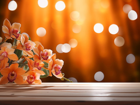 Wooden table with orchid flowers and bokeh background.の素材