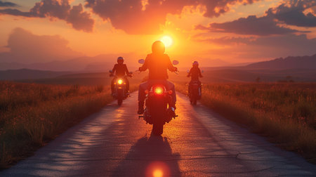 Motorcyclists riding on the road at sunset. 3d renderingの素材