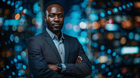 Portrait of confident African American businessman with arms crossed against night city backgroundの素材
