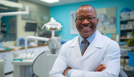 Portrait of smiling african american dentist standing with arms crossed in dental clinicの素材