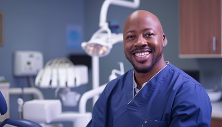 Portrait of african american male dentist smiling at camera in dental officeの素材