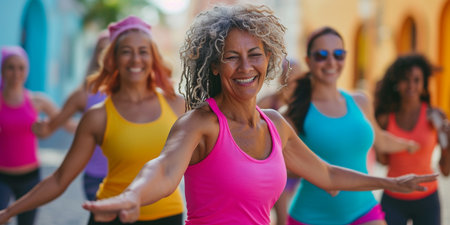 Group of happy women running on the beach. Group of young women in sportswear exercising outdoors.の素材