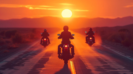 Motorcycle riders on the road at sunset. 3d rendering.の素材