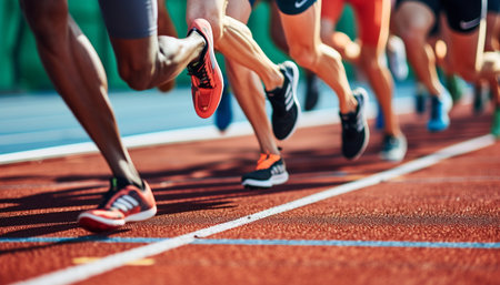 athletes running on race track, closeup of legs and feetの素材