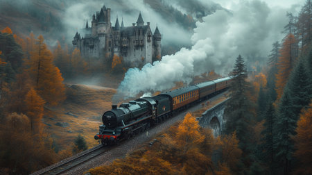 The old steam locomotive runs through the autumn forest. Fairytale.の素材