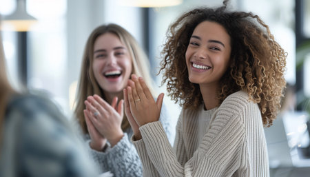 Close up portrait of young multiethnic businesswomen clapping hands together. Cheerful diverse female colleagues clapping hands in office. success conceptの素材