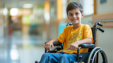 Portrait of a disabled boy sitting in a wheelchair at the hospitalの素材