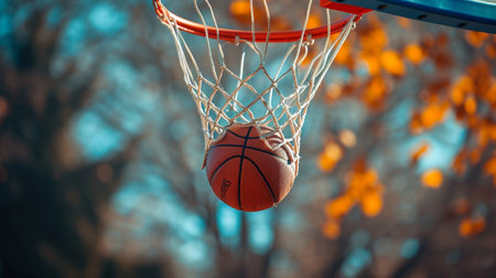 Basketball ball in the basket on the background of autumn trees.の素材