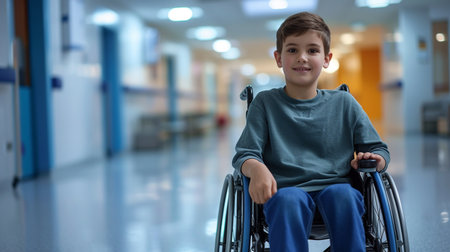 Portrait of a disabled boy sitting in a wheelchair at the hospitalの素材