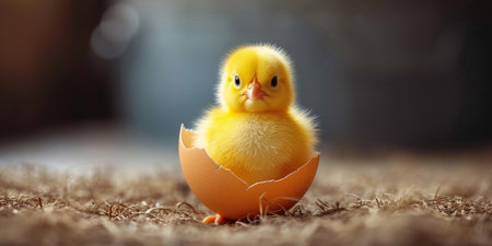 Cute little yellow chicken hatched from an egg. Easter concept.の素材