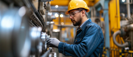 Engineer or Technician in Hard Hat and Safety Glasses Working in Factory.の素材