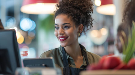 Portrait of smiling waitress using digital tablet in cafe. Young african american woman in cafe.の素材