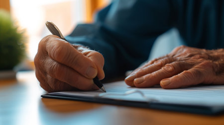Close-up of senior man writing in notepad while sitting at tableの素材