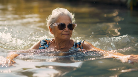 Elderly woman swimming in a pool. Portrait of an elderly woman.の素材