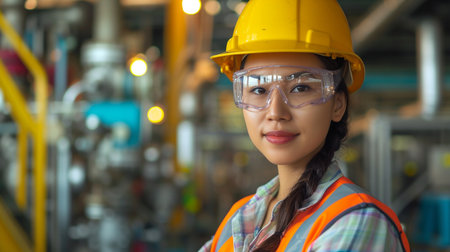 Portrait of young asian woman engineer in safety helmet and safety goggles at factoryの素材