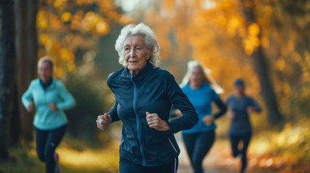 Group of active senior people jogging in the park in autumn.の素材