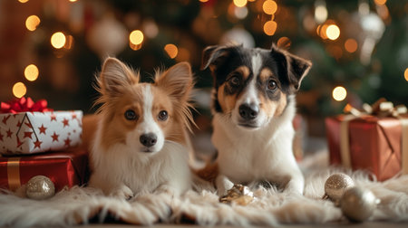 Cute dogs with Christmas gifts on floor in room decorated for Christmasの素材