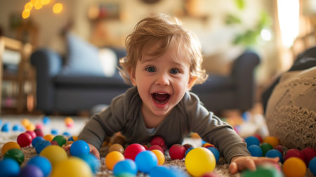 Portrait of a cute little boy playing with colorful balls at homeの素材