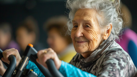 Elderly woman training on exercise bike in fitness club. Selective focus.の素材