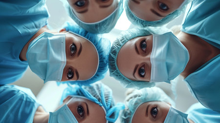 group of surgeons in operating room take with art lighting and blue filterの素材