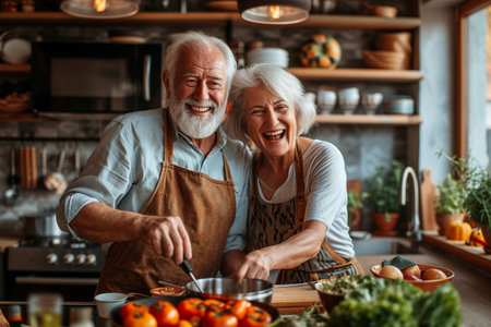 Happy senior couple cooking together in the kitchen at home. Elderly people and healthy food concept.の素材
