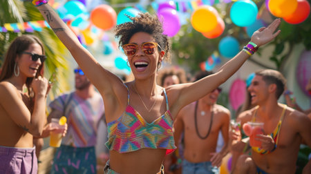 Group of friends having fun at the summer music festival on the beachの素材