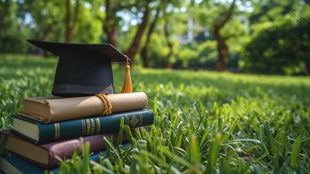 Graduation cap and books on green grass in park. education conceptの素材